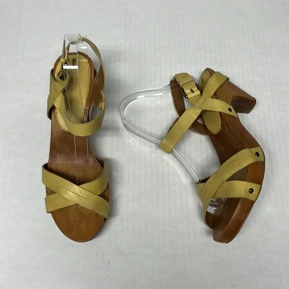 Anthropologie Schuler & Sons Yellow Wood Clog Sandal heel 8.5 Retro Cottagecore - Picture 9 of 16
